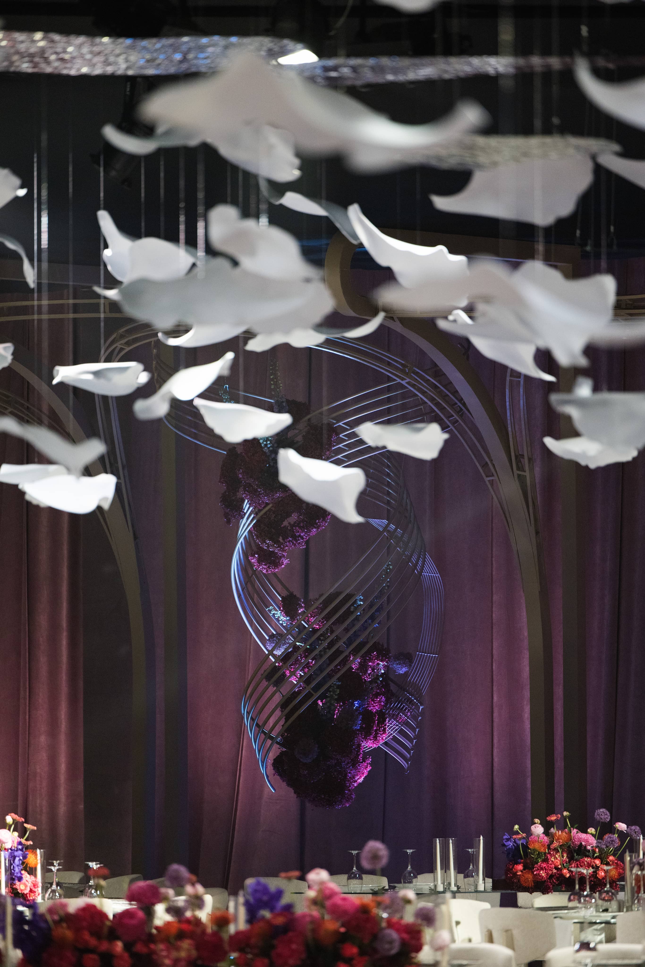 Close-up of sculptural white ceiling decorations.